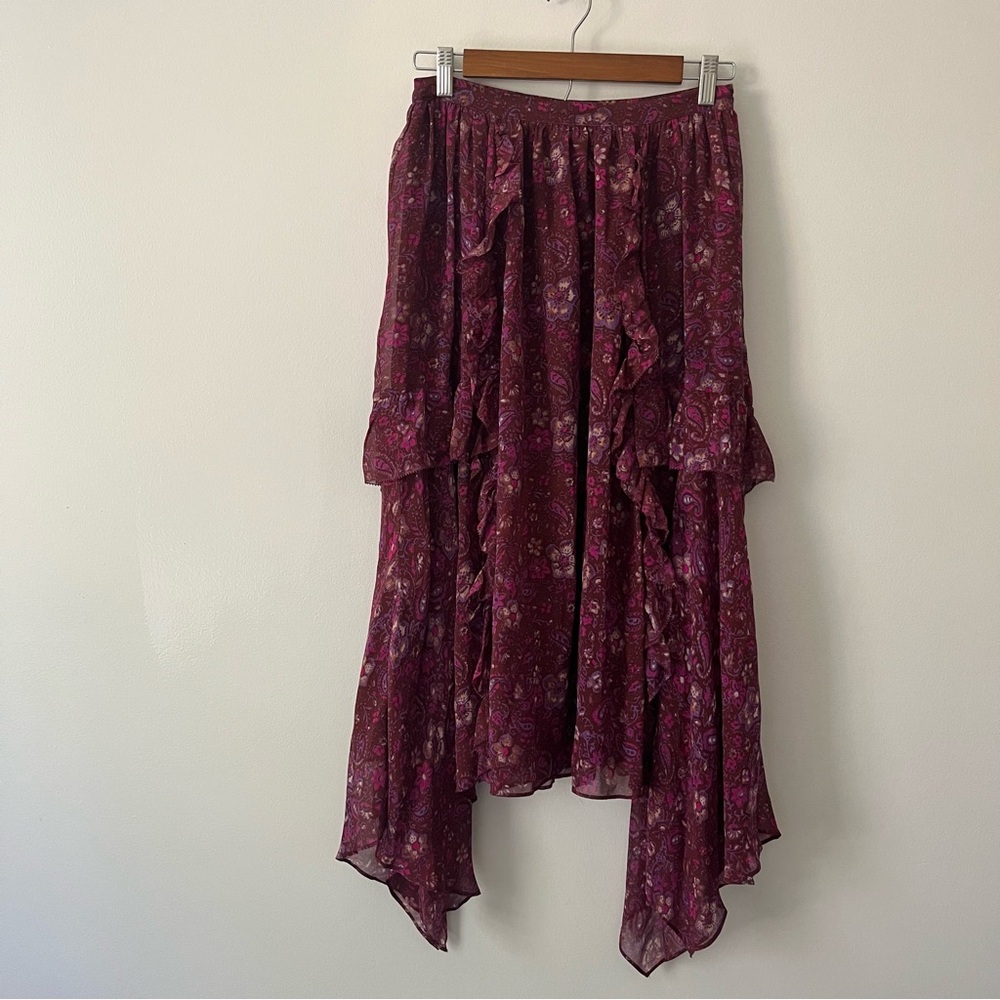 Ulla Johnson 100% Silk Dark Floral Romantic Midi Ruffle Skirt 2 Designer Peasant